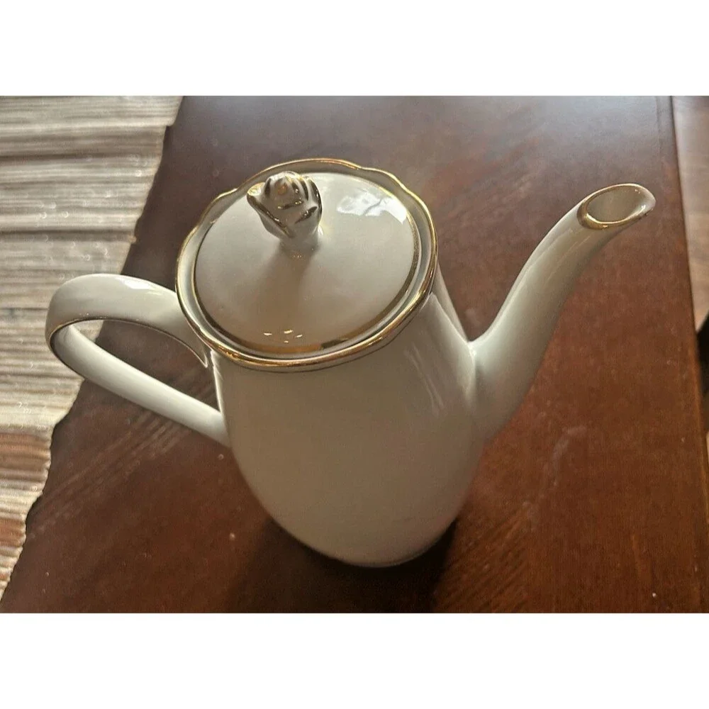 Vintage Bavaria Germany White Porcelain Coffee Pot Mold K 1032 Gold Tulip Lid